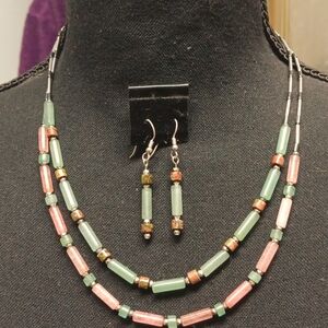 Rose Quartze, Jade and Unakite Necklace and Matching Earring Set.